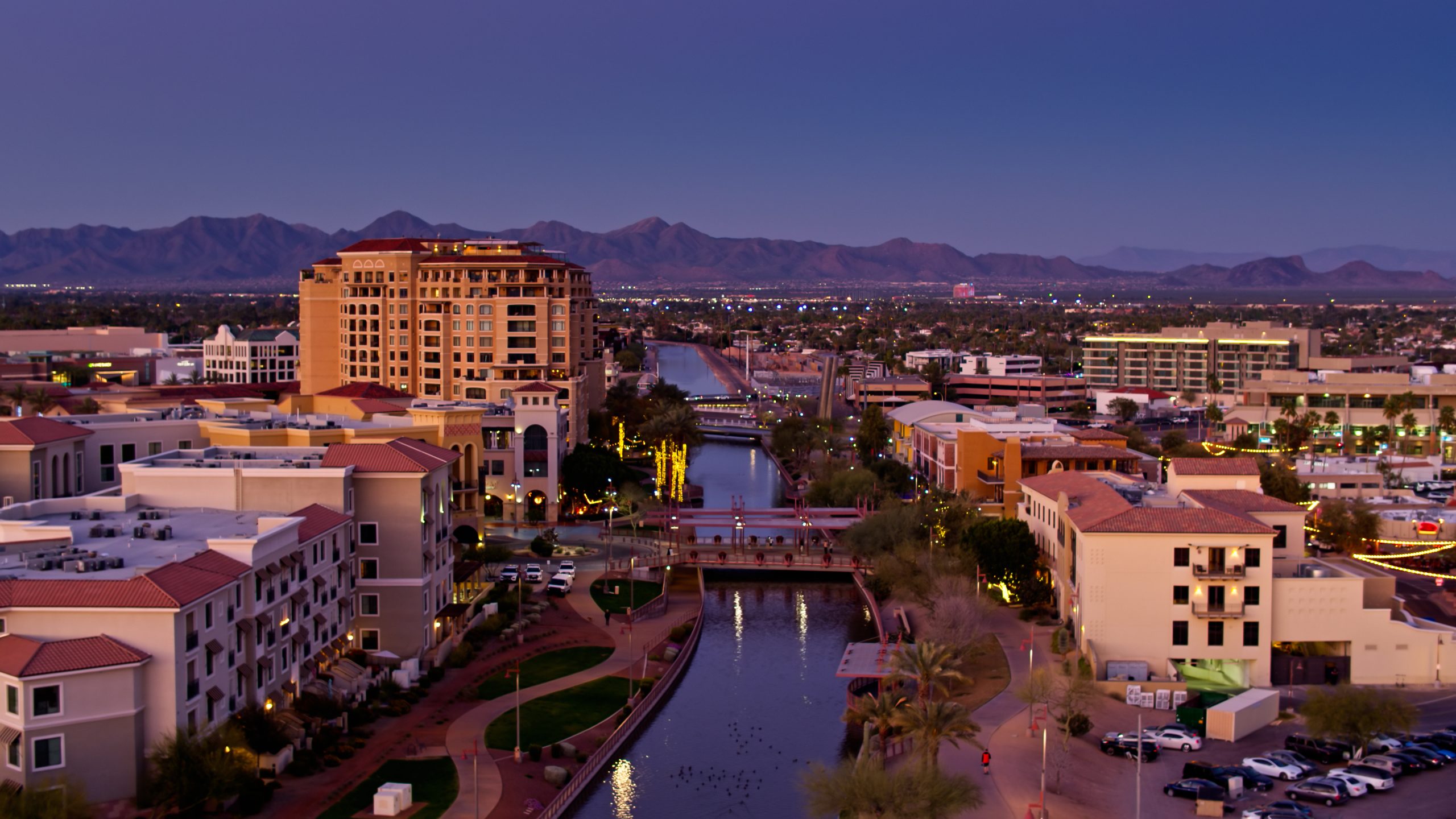 Aerial View of Malls and Arizona Canal in Downtown Scottsdale, Arizona